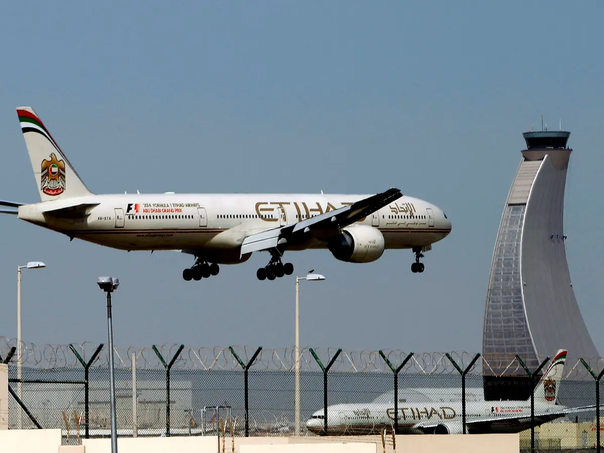 An Etihad Airways aircraft landing at Abu Dhabi