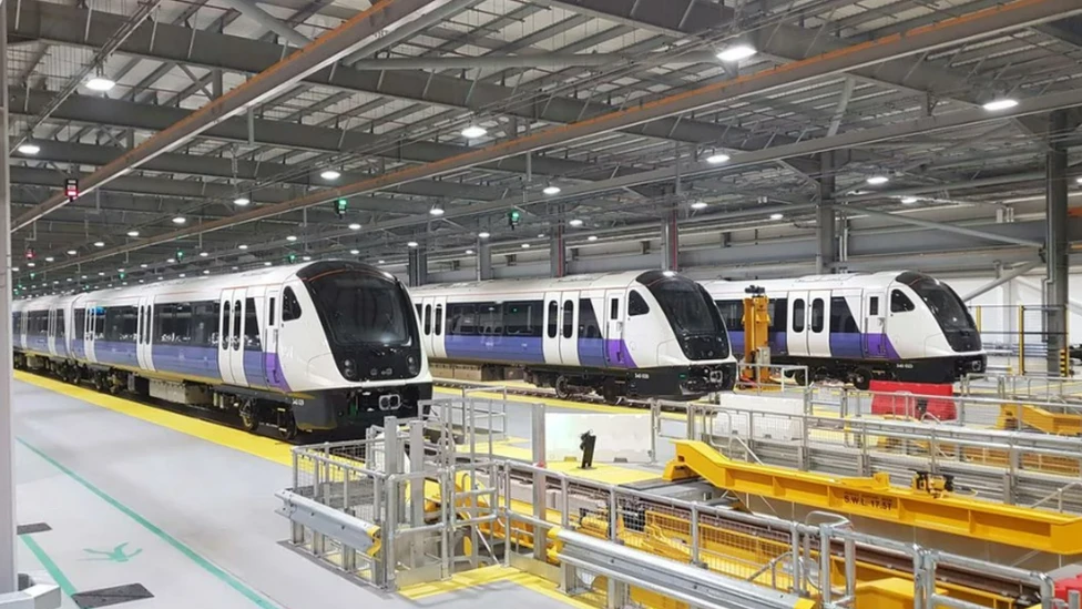 Elizabeth line trains in a depot
