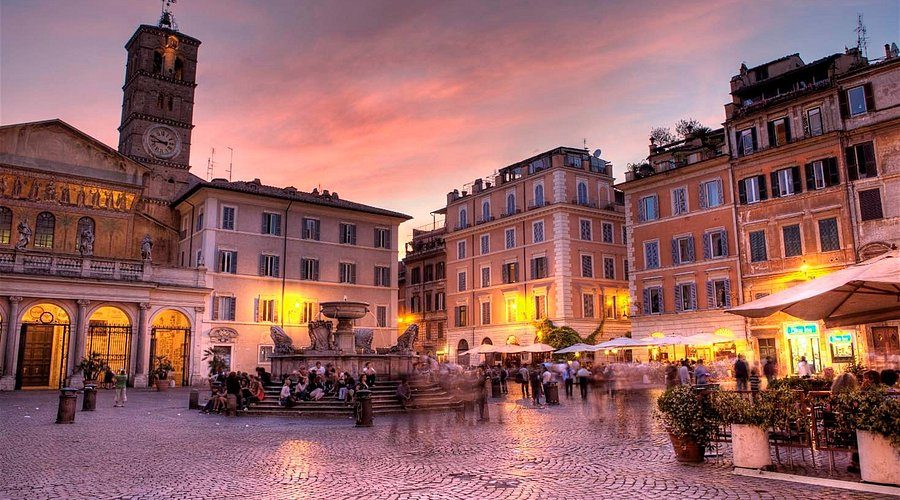 Piazza di Santa Maria in Trastevere at dusk