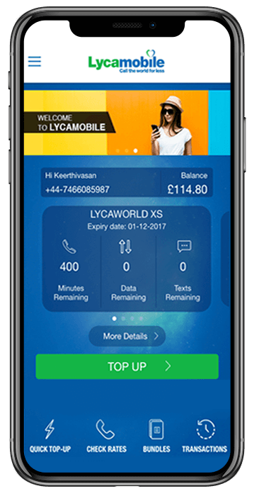 Lyca Mobile app showing balance and remaining minutes, data and texts